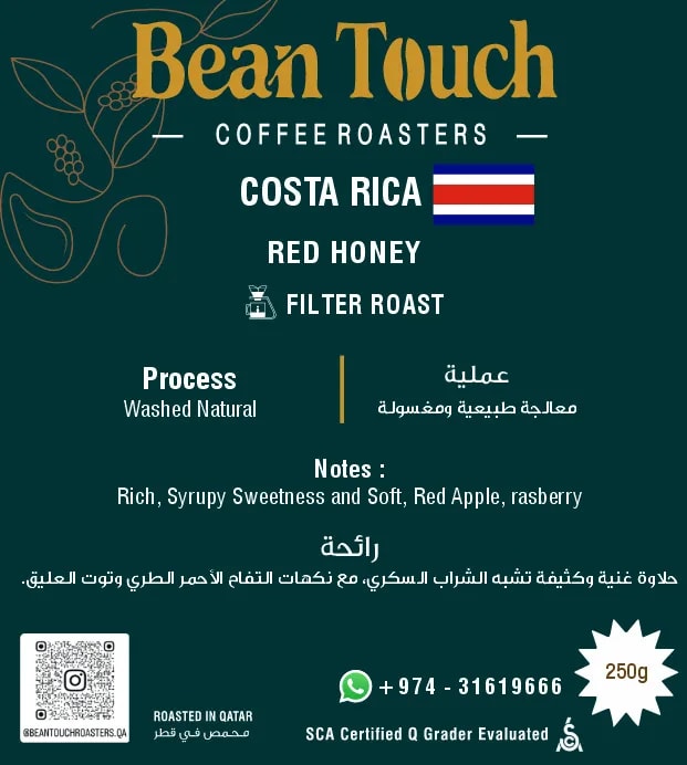 Bean Touch 250g bag of Costa Rica Red Honey Filter Roast coffee beans, printed studio label