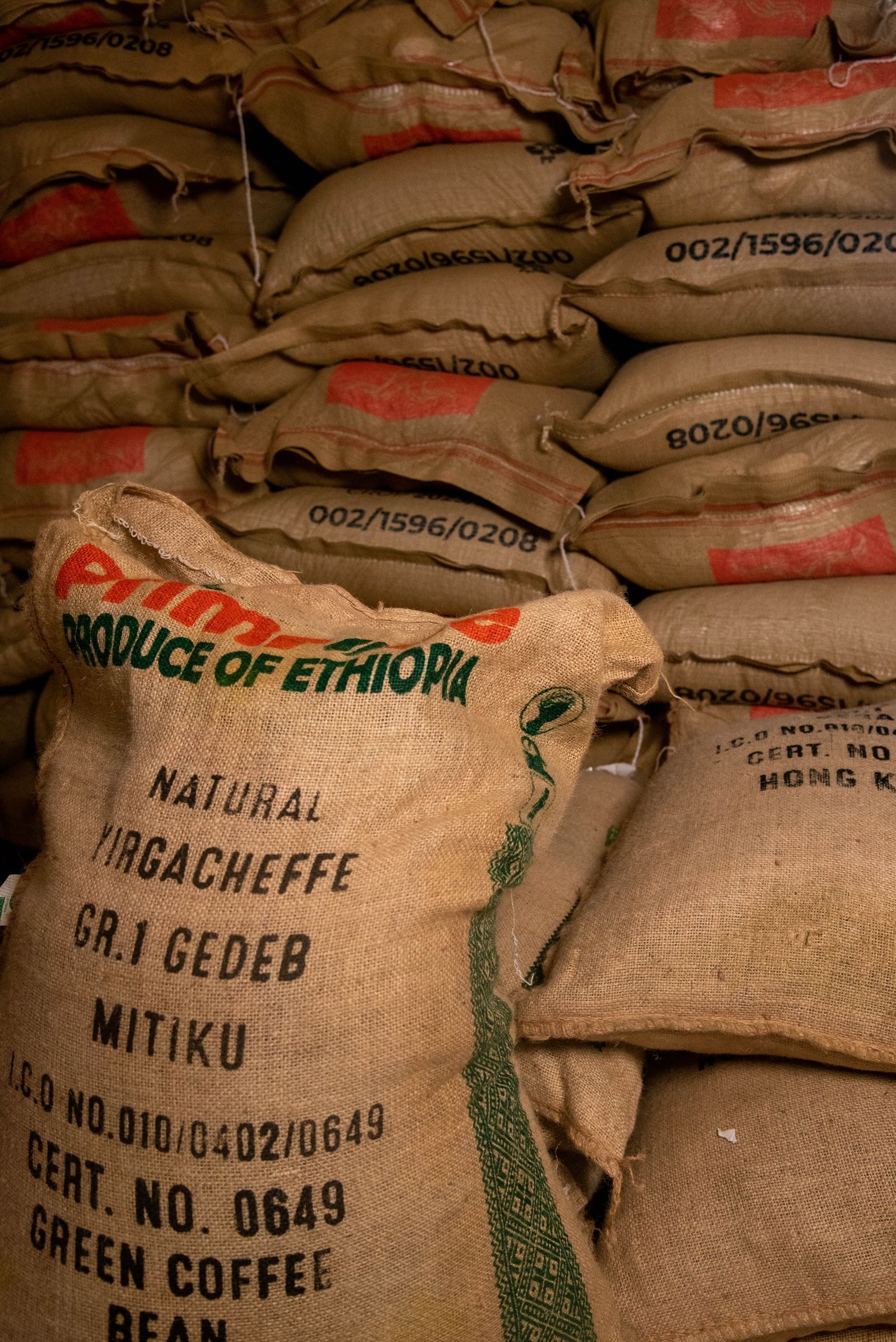 Rows of burlap jute sacks filled with green coffee beans stacked in a warehouse